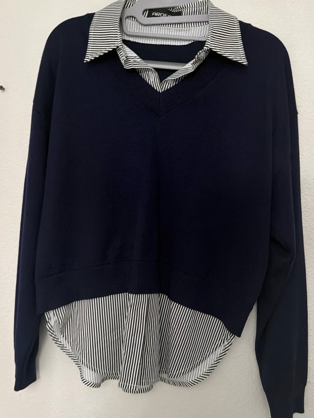 Arden B Navy V-neck Layered Sweater with Striped Shirt Hem